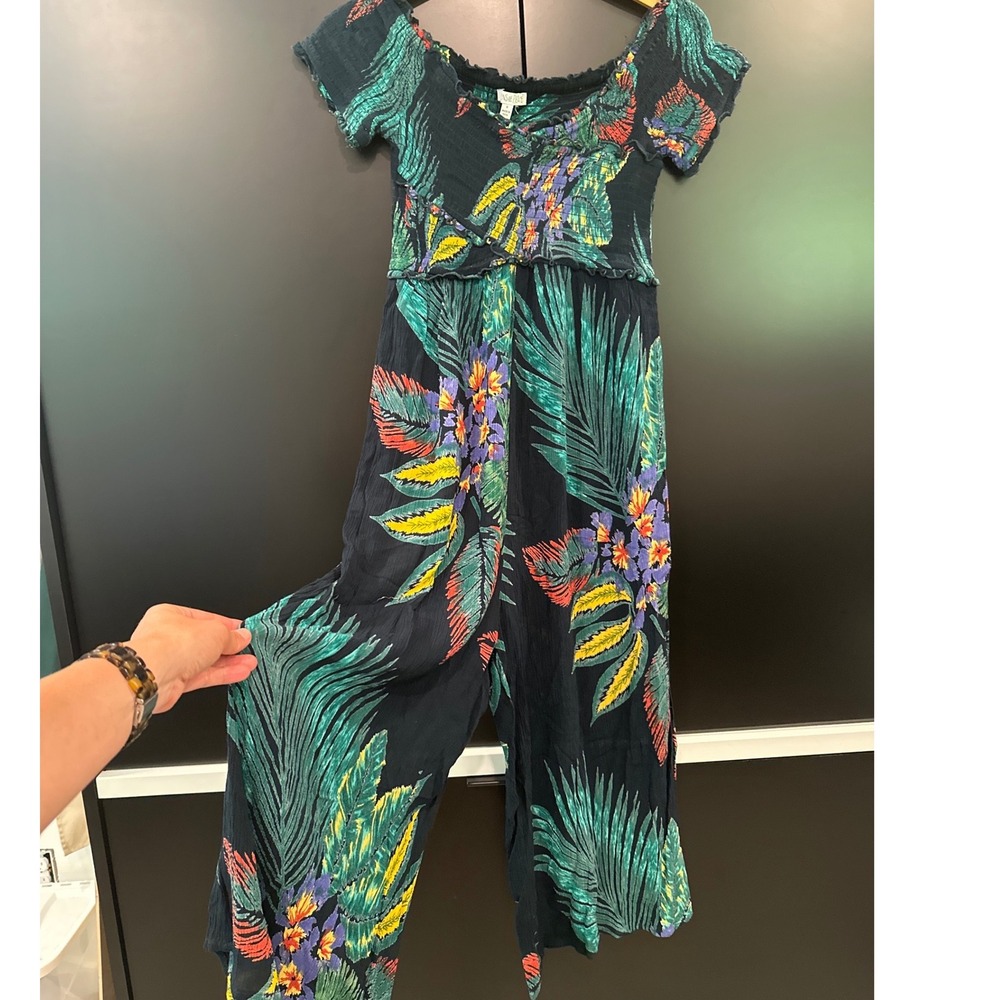 Patrons of Peace Tropical Smocked Wide Leg‎ Jumpsuit Small Navy Rayon 18476T